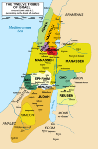 English translation of map of the 12 tribes of Israel, before the move of Dan to the North.by Malus Catulus, under CCA-SAClick to enlarge